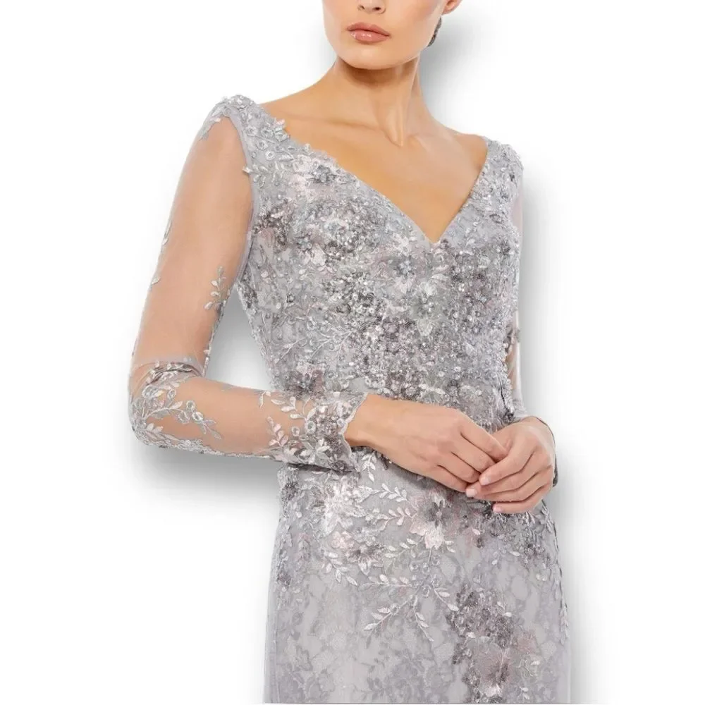 MAC DUGGAL Women’s Embellished V-Neck Illusion Long Sleeve Gown in the Size 12 - Picture 4 of 14